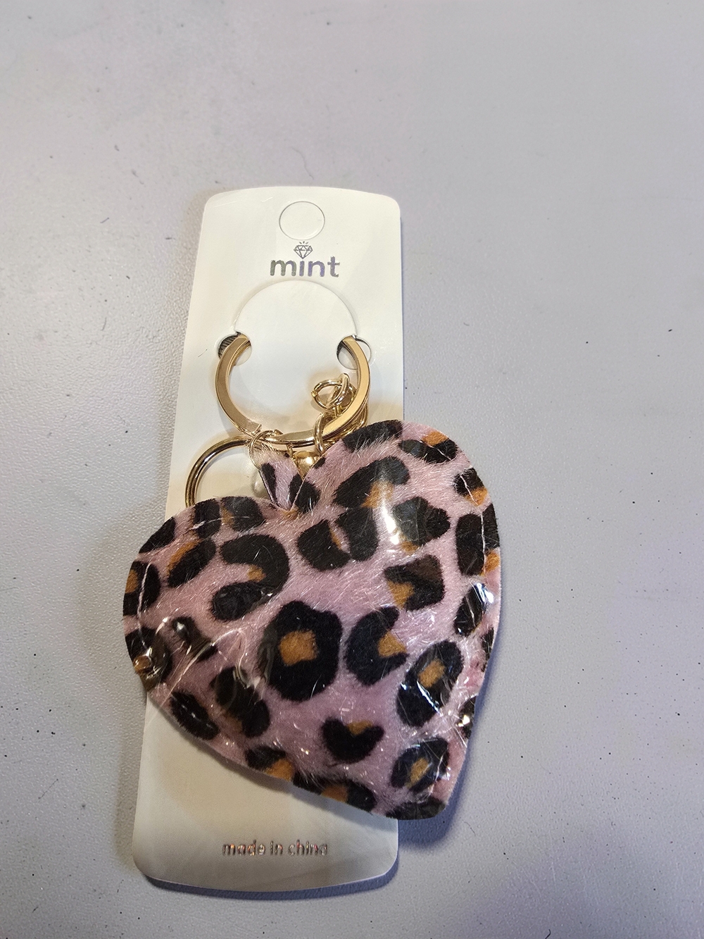 Mint Pink Leopard Heart Keyring with Gold Hardware